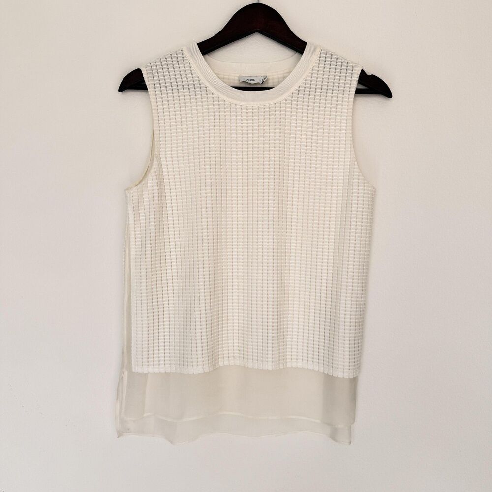 Vince Shirt Womens XS White Textured Sleeveless Silk Lined Sheer Hem Top